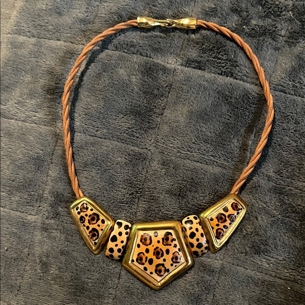 Vintage Carol Hamly Leopard Print Necklace with Gold Accents